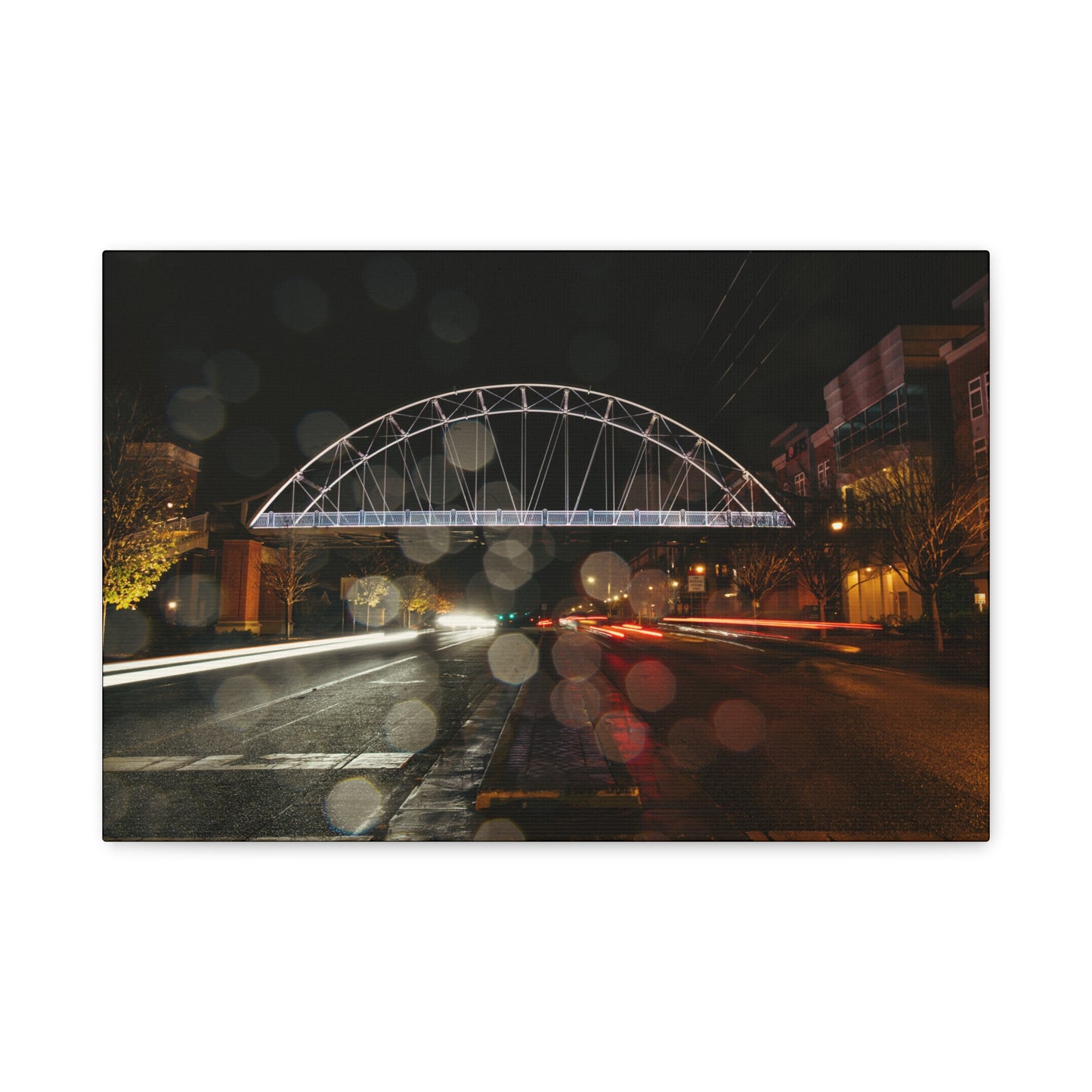 Matte Canvas Print — 'Lofts at Mercer Village Bridge' Night Rain Photo
