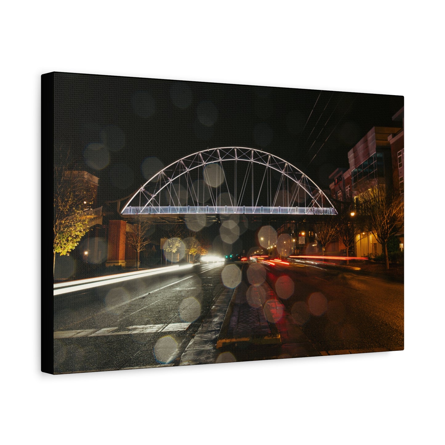 Matte Canvas Print — 'Lofts at Mercer Village Bridge' Night Rain Photo