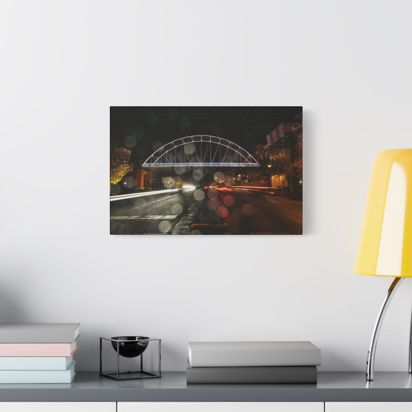 Matte Canvas Print — 'Lofts at Mercer Village Bridge' Night Rain Photo